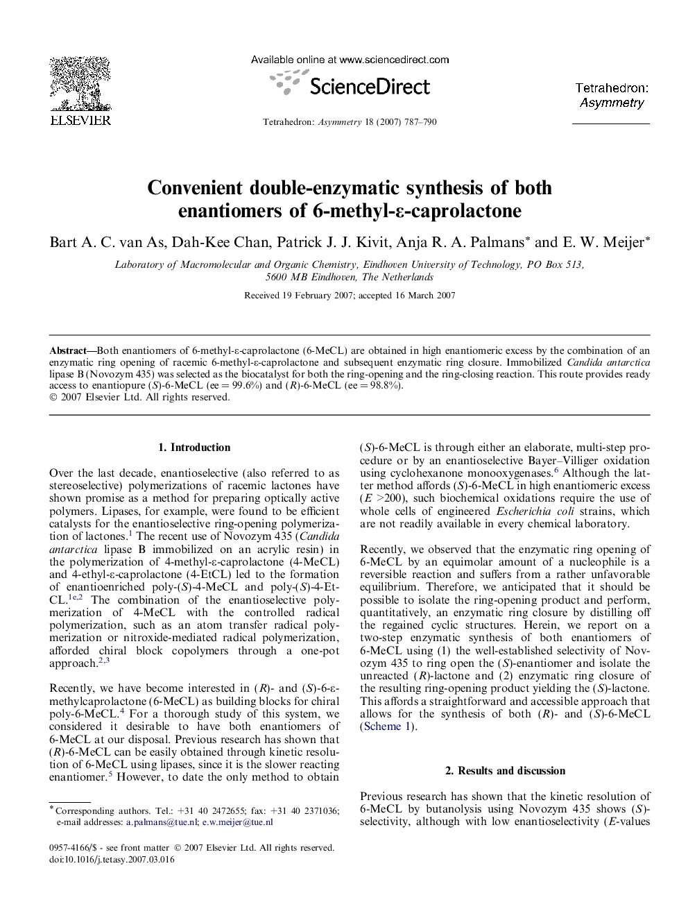 Convenient double-enzymatic synthesis of both enantiomers of 6-methyl-ε-caprolactone