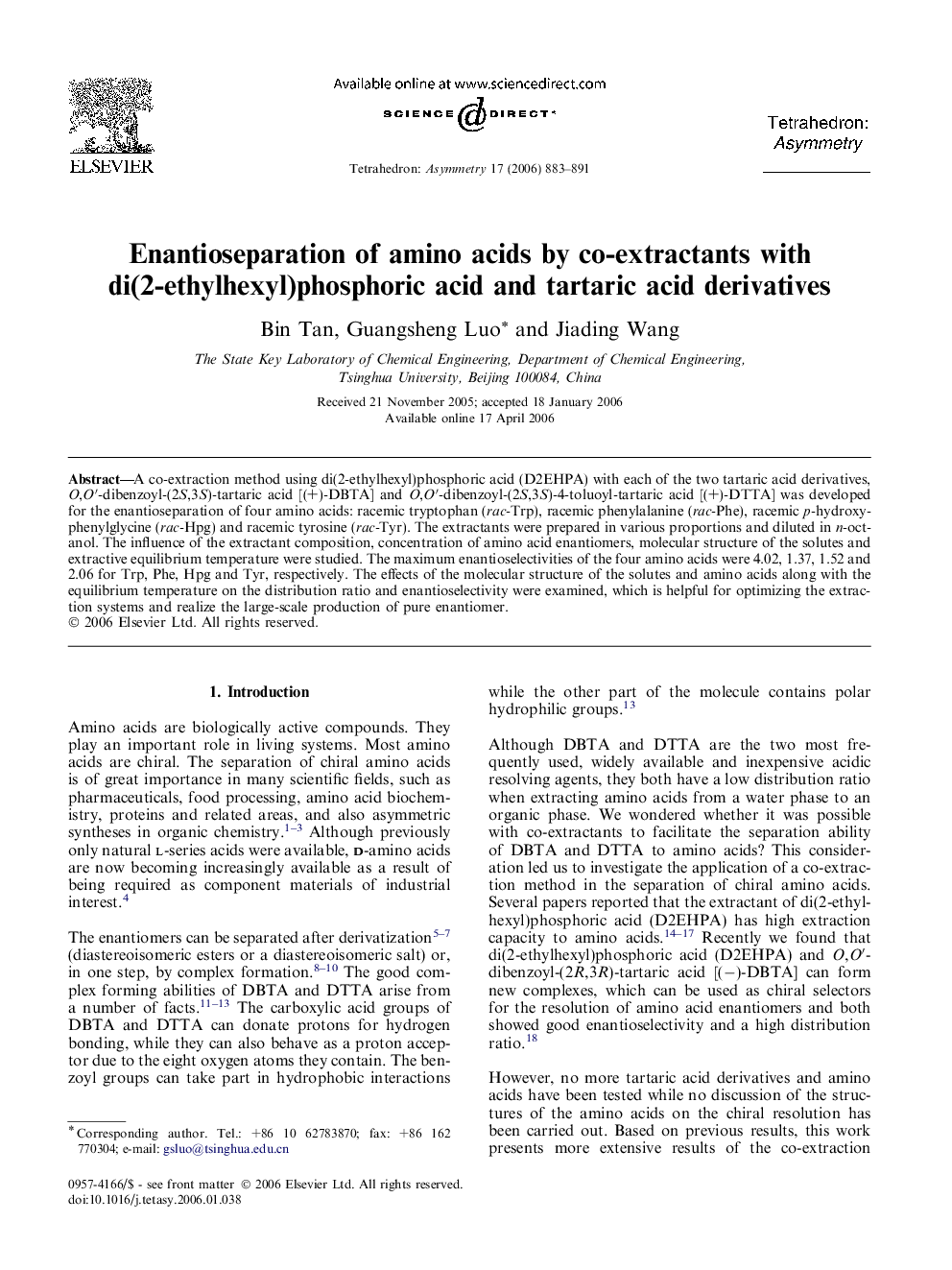 Enantioseparation of amino acids by co-extractants with di(2-ethylhexyl)phosphoric acid and tartaric acid derivatives