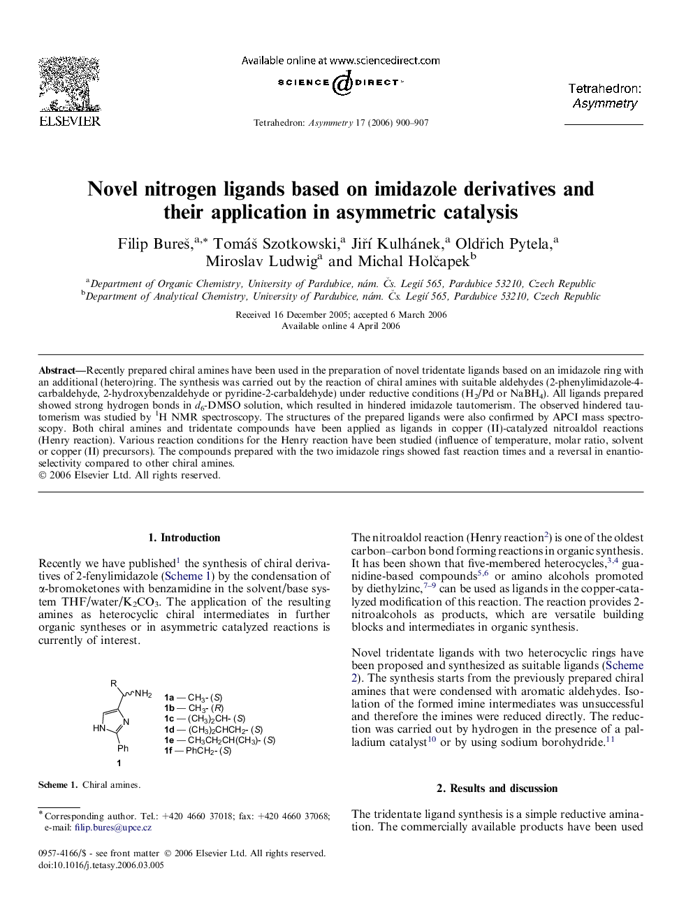 Novel nitrogen ligands based on imidazole derivatives and their application in asymmetric catalysis