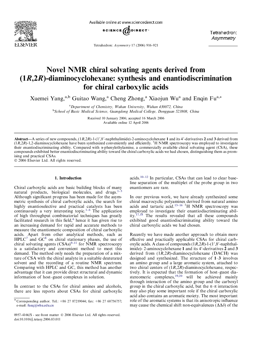 Novel NMR chiral solvating agents derived from (1R,2R)-diaminocyclohexane: synthesis and enantiodiscrimination for chiral carboxylic acids