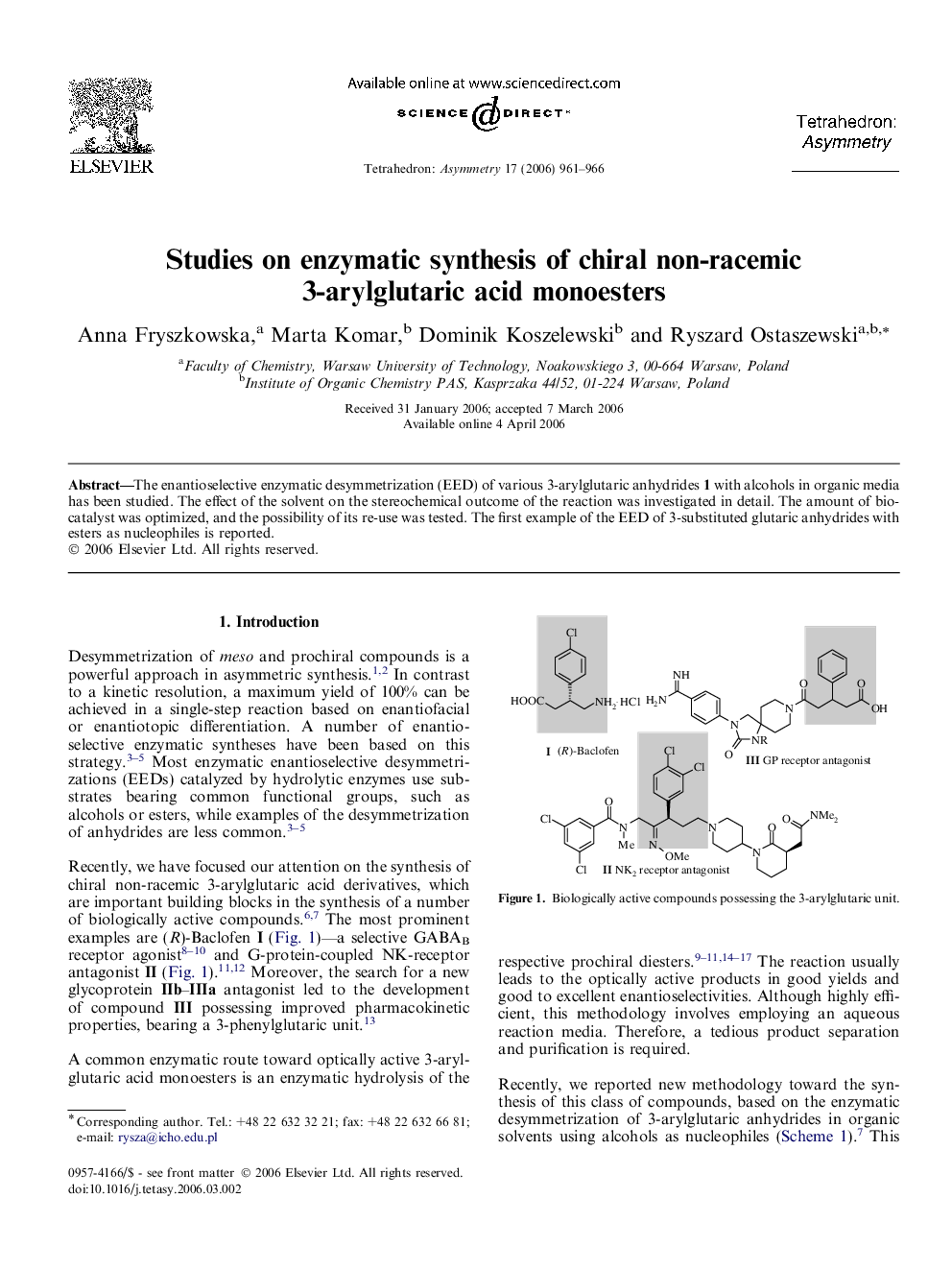 Studies on enzymatic synthesis of chiral non-racemic 3-arylglutaric acid monoesters