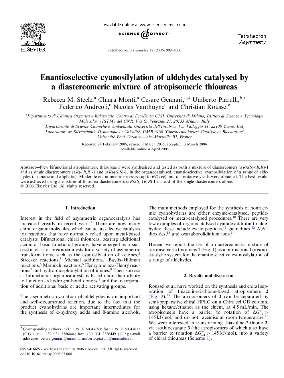 عکس صفحه اول مقاله: Enantioselective cyanosilylation of aldehydes catalysed by a diastereomeric mixture of atropisomeric thioureas Enantioselective cyanosilylation of aldehydes catalysed by a diastereomeric mixture of atropisomeric thioureas