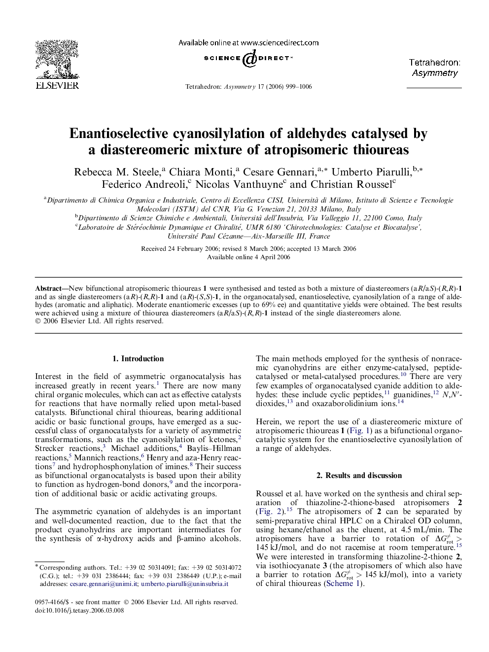 Enantioselective cyanosilylation of aldehydes catalysed by a diastereomeric mixture of atropisomeric thioureas