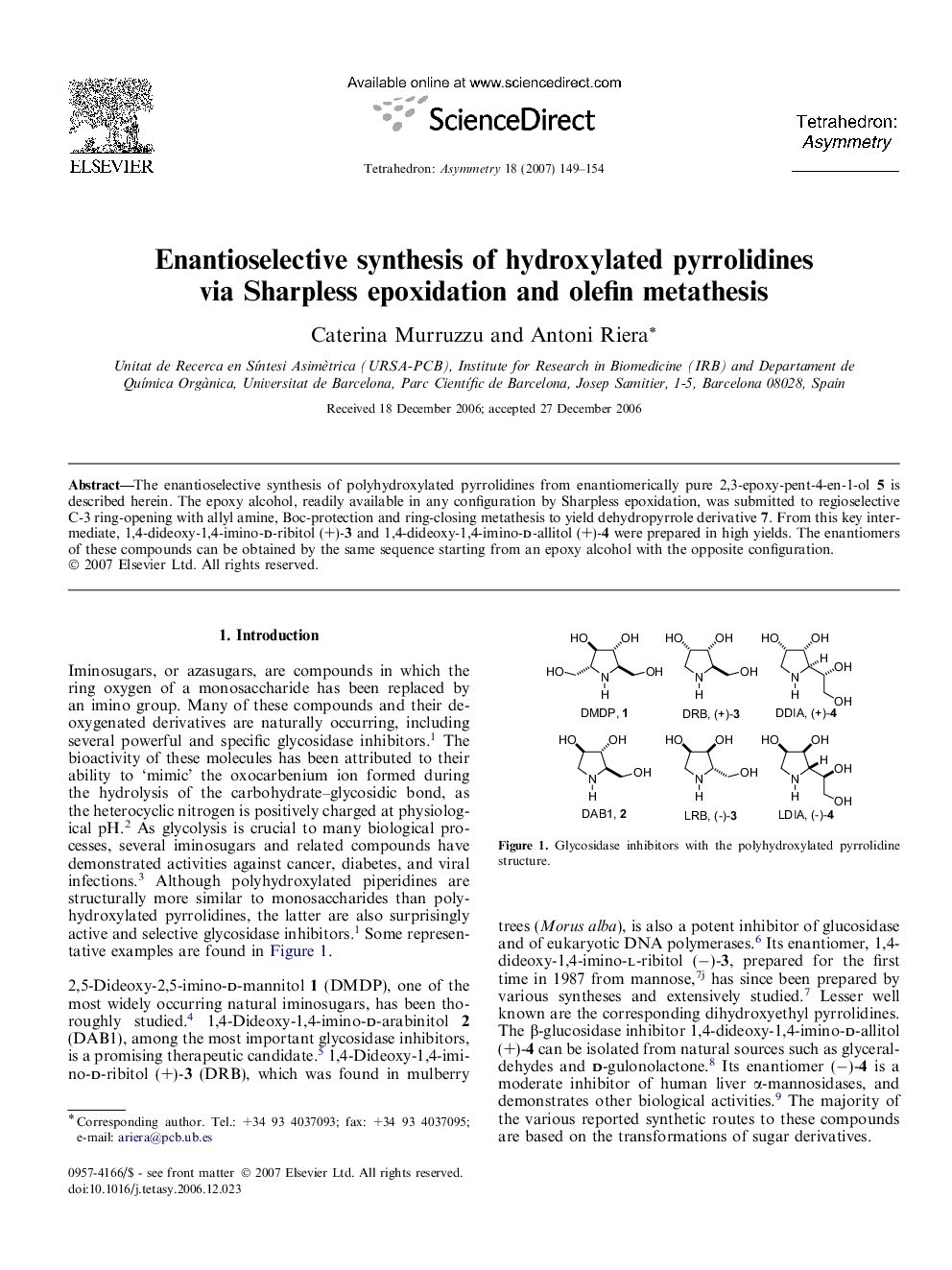 Enantioselective synthesis of hydroxylated pyrrolidines via Sharpless epoxidation and olefin metathesis