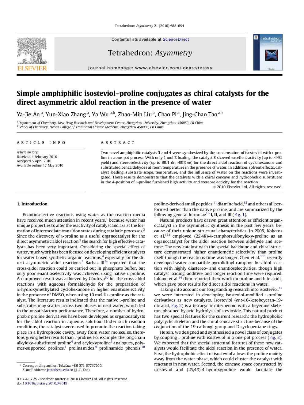 Simple amphiphilic isosteviol–proline conjugates as chiral catalysts for the direct asymmetric aldol reaction in the presence of water