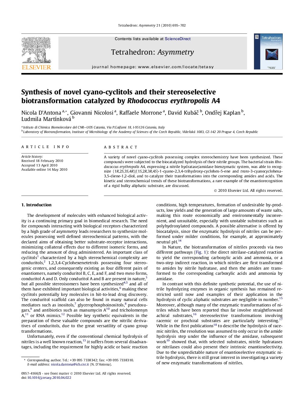 Synthesis of novel cyano-cyclitols and their stereoselective biotransformation catalyzed by Rhodococcus erythropolis A4