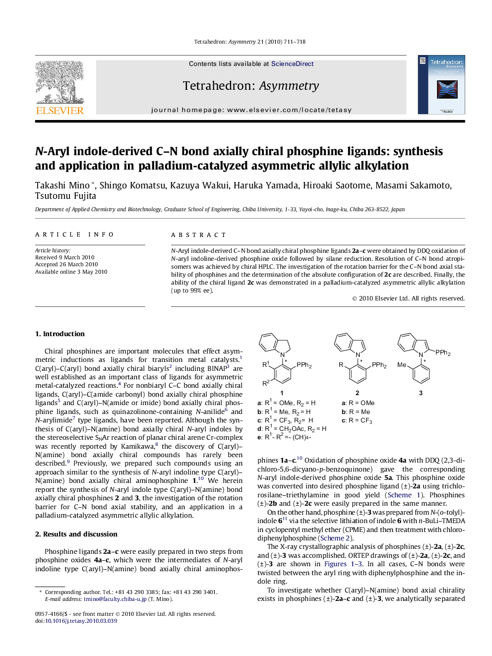 N-Aryl indole-derived C–N bond axially chiral phosphine ligands: synthesis and application in palladium-catalyzed asymmetric allylic alkylation