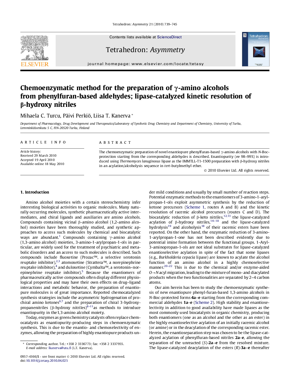 Chemoenzymatic method for the preparation of γ-amino alcohols from phenylfuran-based aldehydes; lipase-catalyzed kinetic resolution of β-hydroxy nitriles