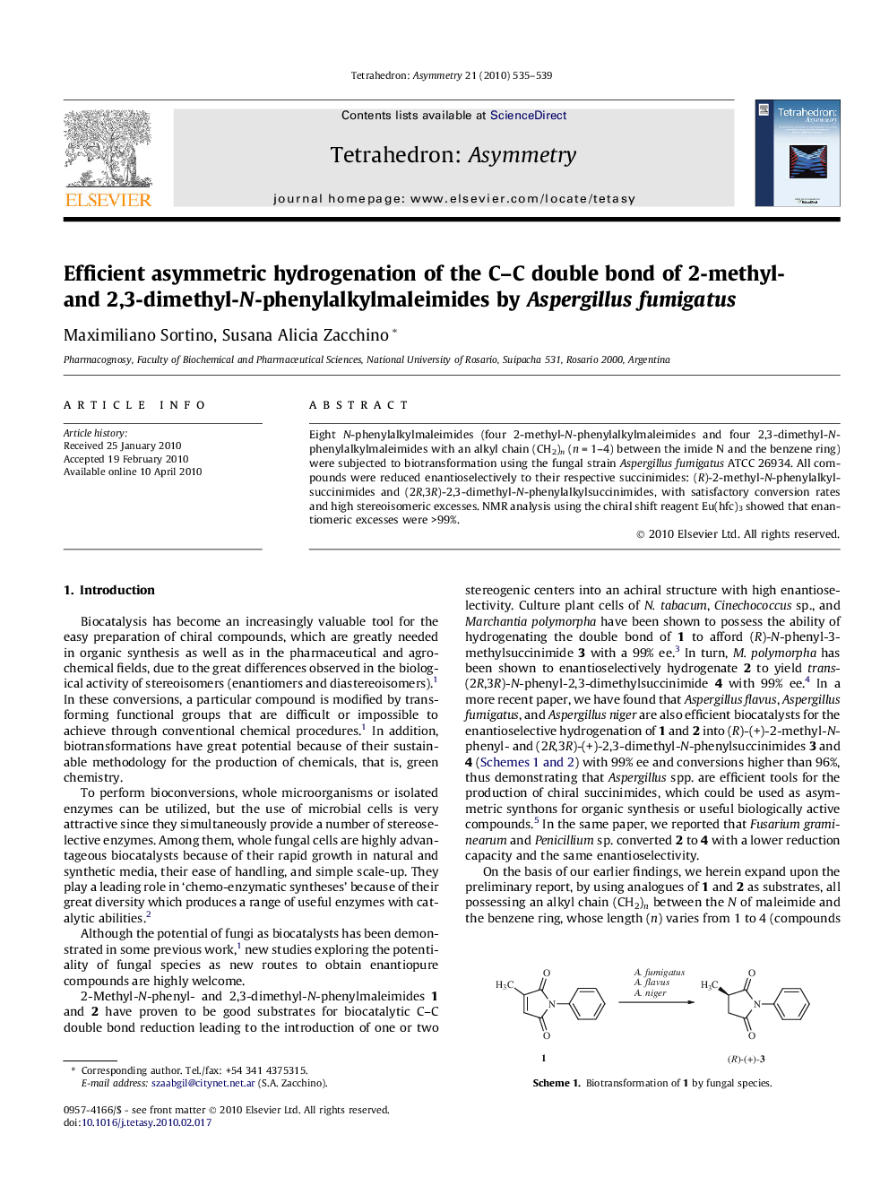 Efficient asymmetric hydrogenation of the C–C double bond of 2-methyl- and 2,3-dimethyl-N-phenylalkylmaleimides by Aspergillus fumigatus