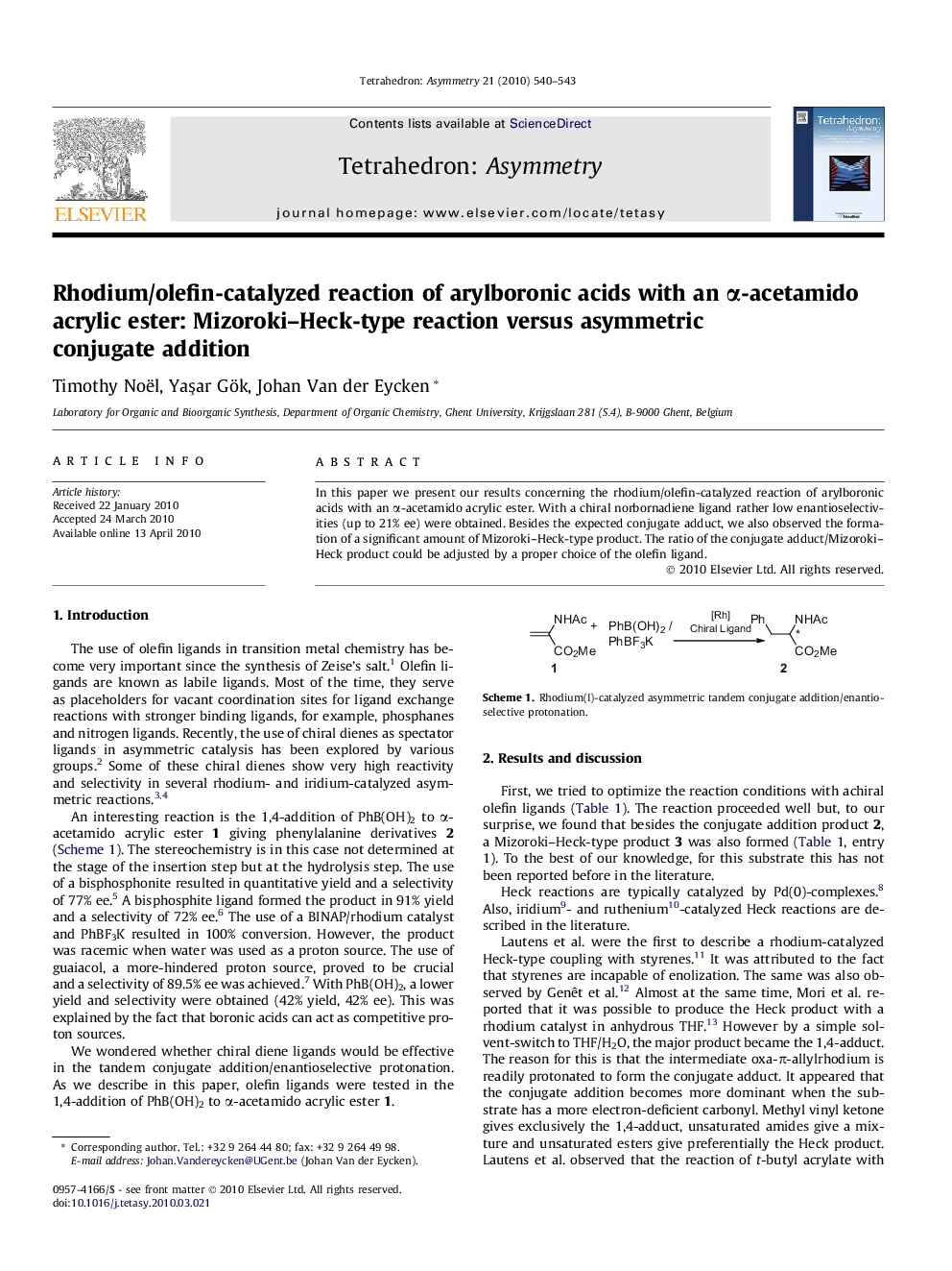 Rhodium/olefin-catalyzed reaction of arylboronic acids with an Î±-acetamido acrylic ester: Mizoroki-Heck-type reaction versus asymmetric conjugate addition