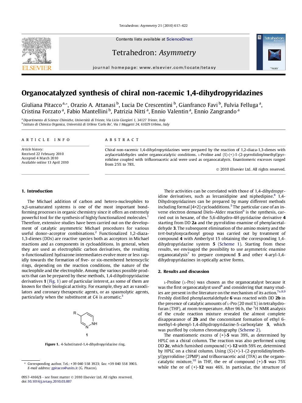 Organocatalyzed synthesis of chiral non-racemic 1,4-dihydropyridazines