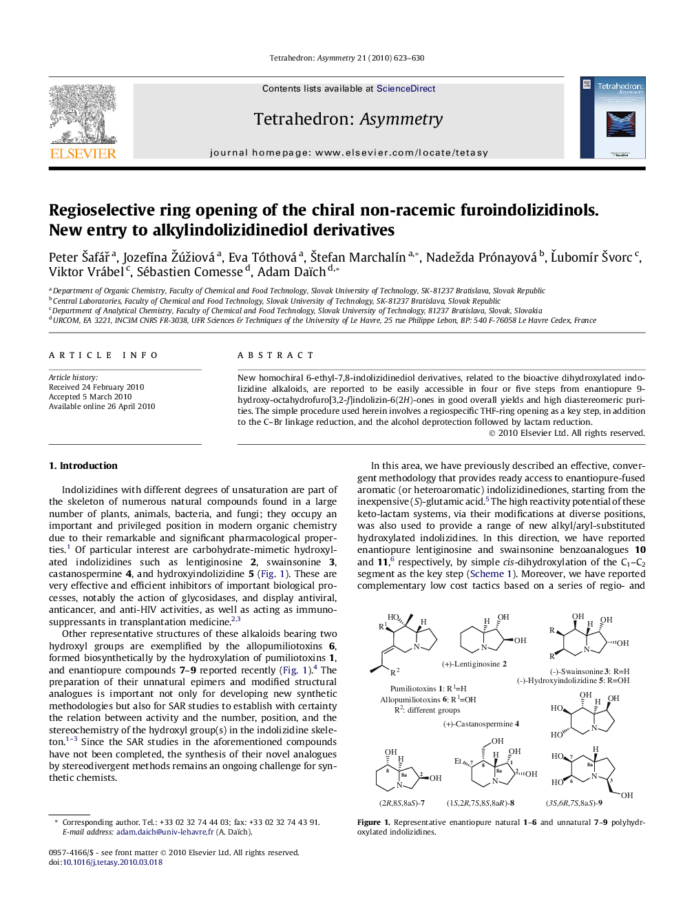 Regioselective ring opening of the chiral non-racemic furoindolizidinols. New entry to alkylindolizidinediol derivatives