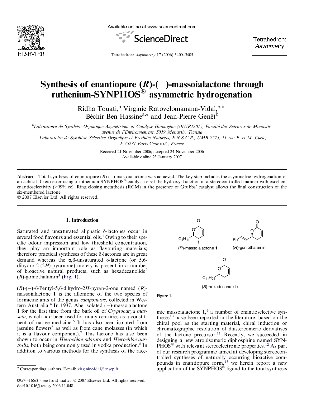 Synthesis of enantiopure (R)-(−)-massoialactone through ruthenium-SYNPHOS® asymmetric hydrogenation