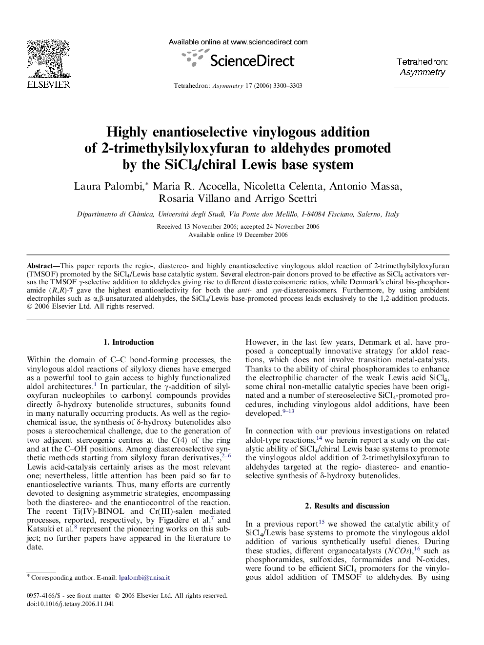 Highly enantioselective vinylogous addition of 2-trimethylsilyloxyfuran to aldehydes promoted by the SiCl4/chiral Lewis base system