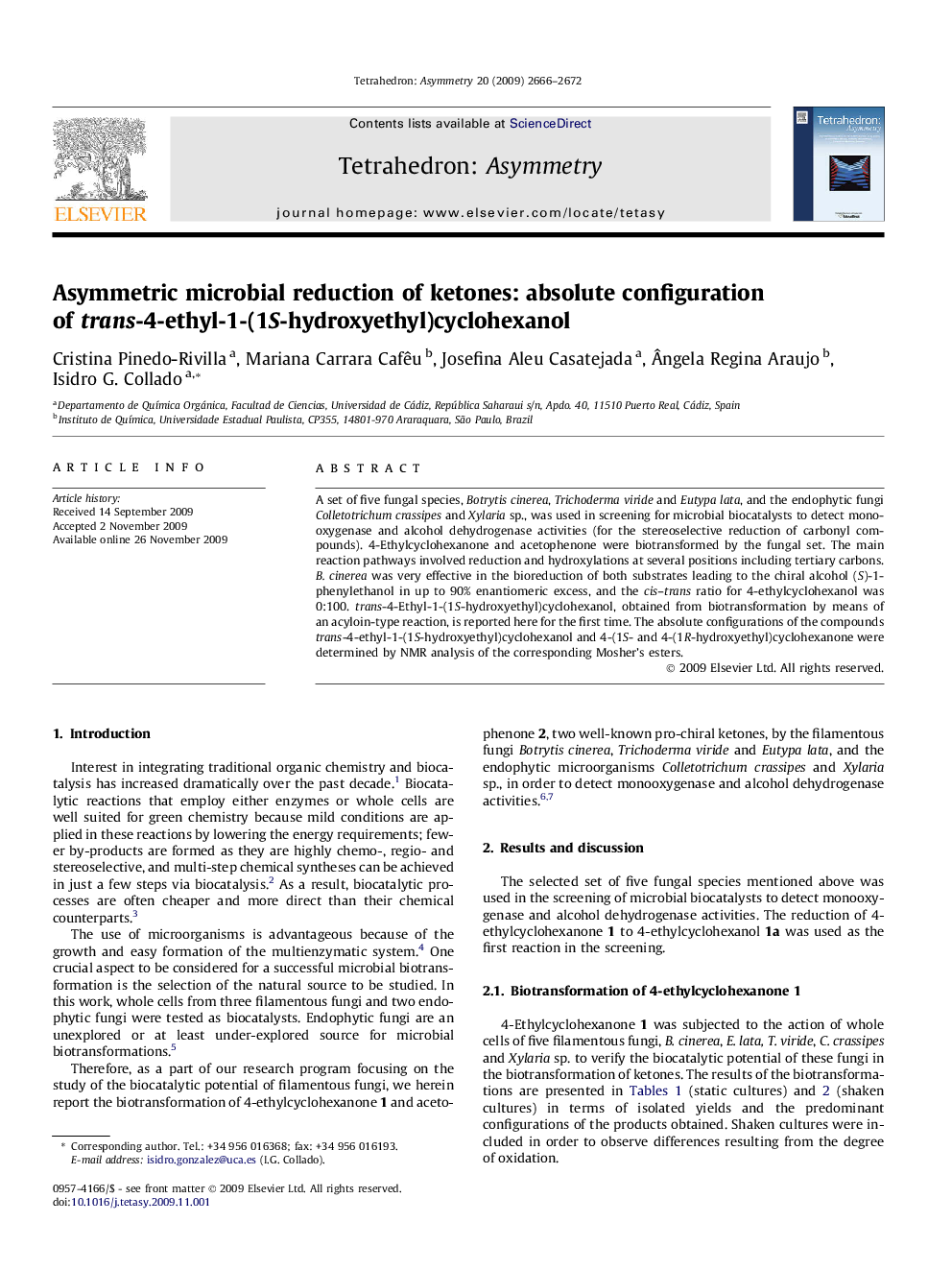 Asymmetric microbial reduction of ketones: absolute configuration of trans-4-ethyl-1-(1S-hydroxyethyl)cyclohexanol