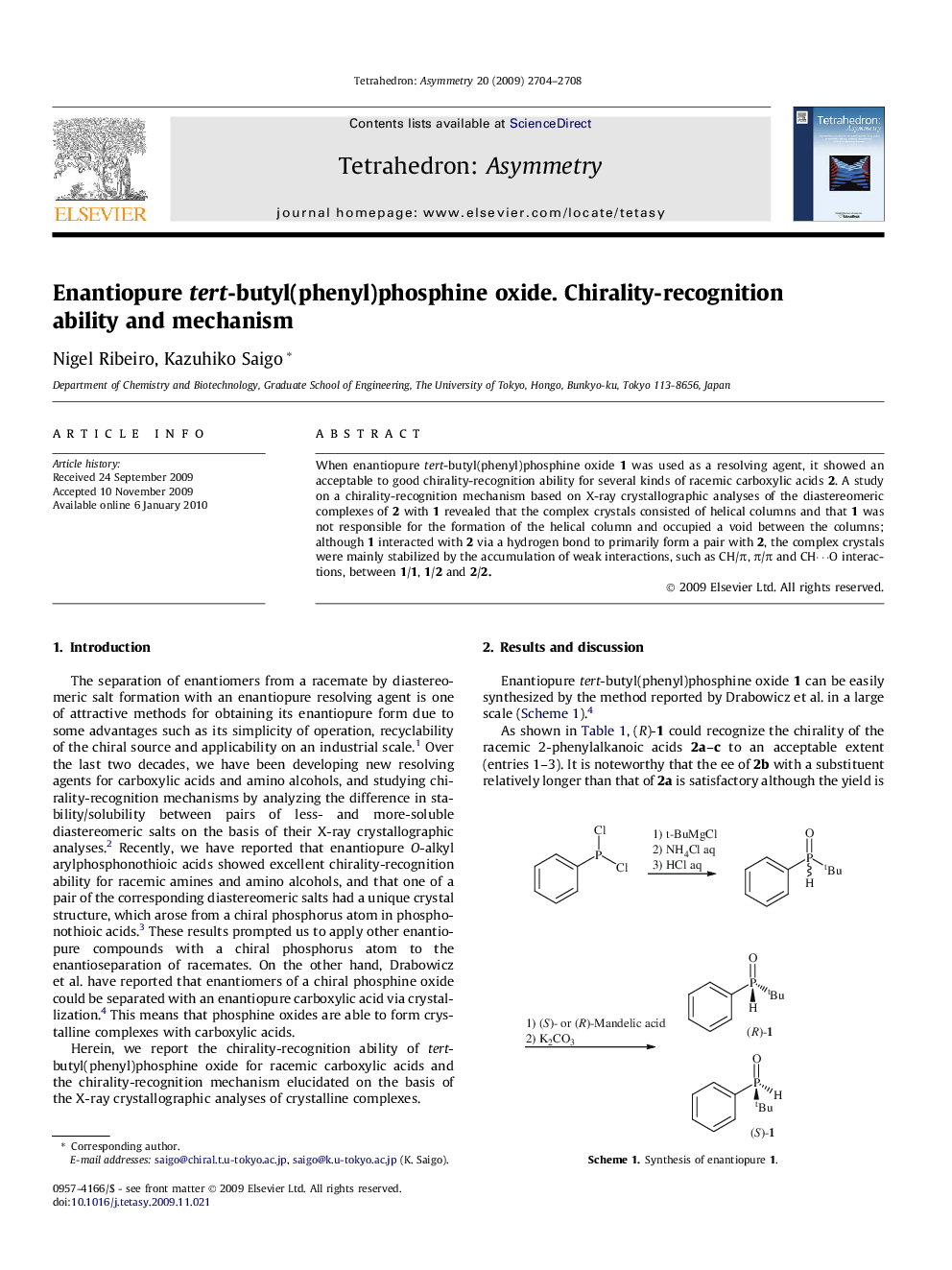 Enantiopure tert-butyl(phenyl)phosphine oxide. Chirality-recognition ability and mechanism