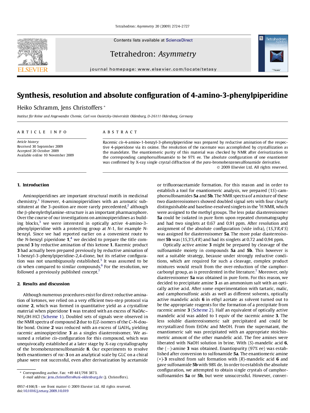 Synthesis, resolution and absolute configuration of 4-amino-3-phenylpiperidine