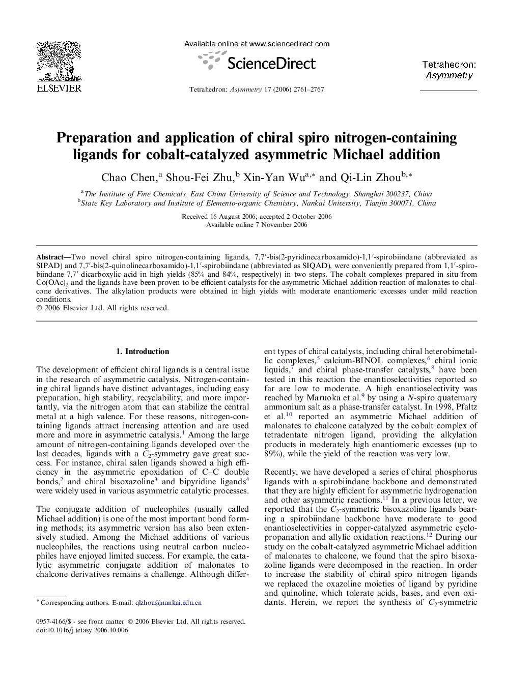 Preparation and application of chiral spiro nitrogen-containing ligands for cobalt-catalyzed asymmetric Michael addition