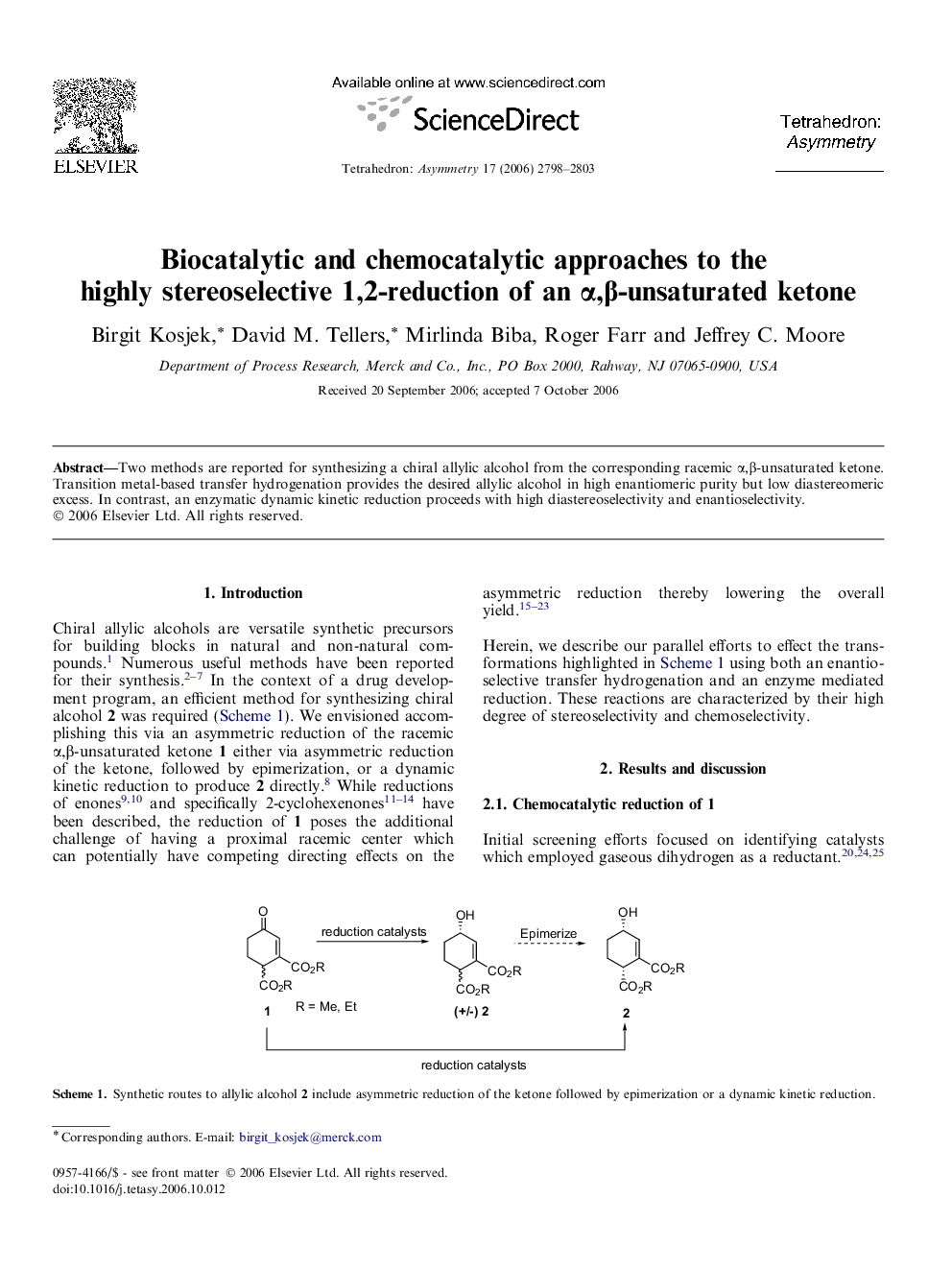 Biocatalytic and chemocatalytic approaches to the highly stereoselective 1,2-reduction of an α,β-unsaturated ketone