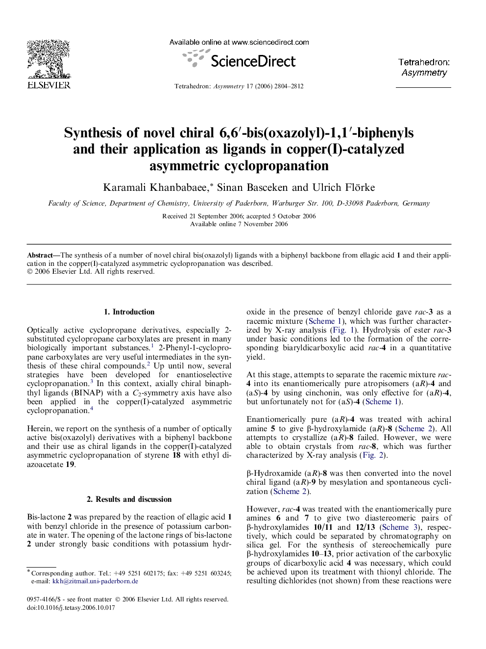 Synthesis of novel chiral 6,6′-bis(oxazolyl)-1,1′-biphenyls and their application as ligands in copper(I)-catalyzed asymmetric cyclopropanation