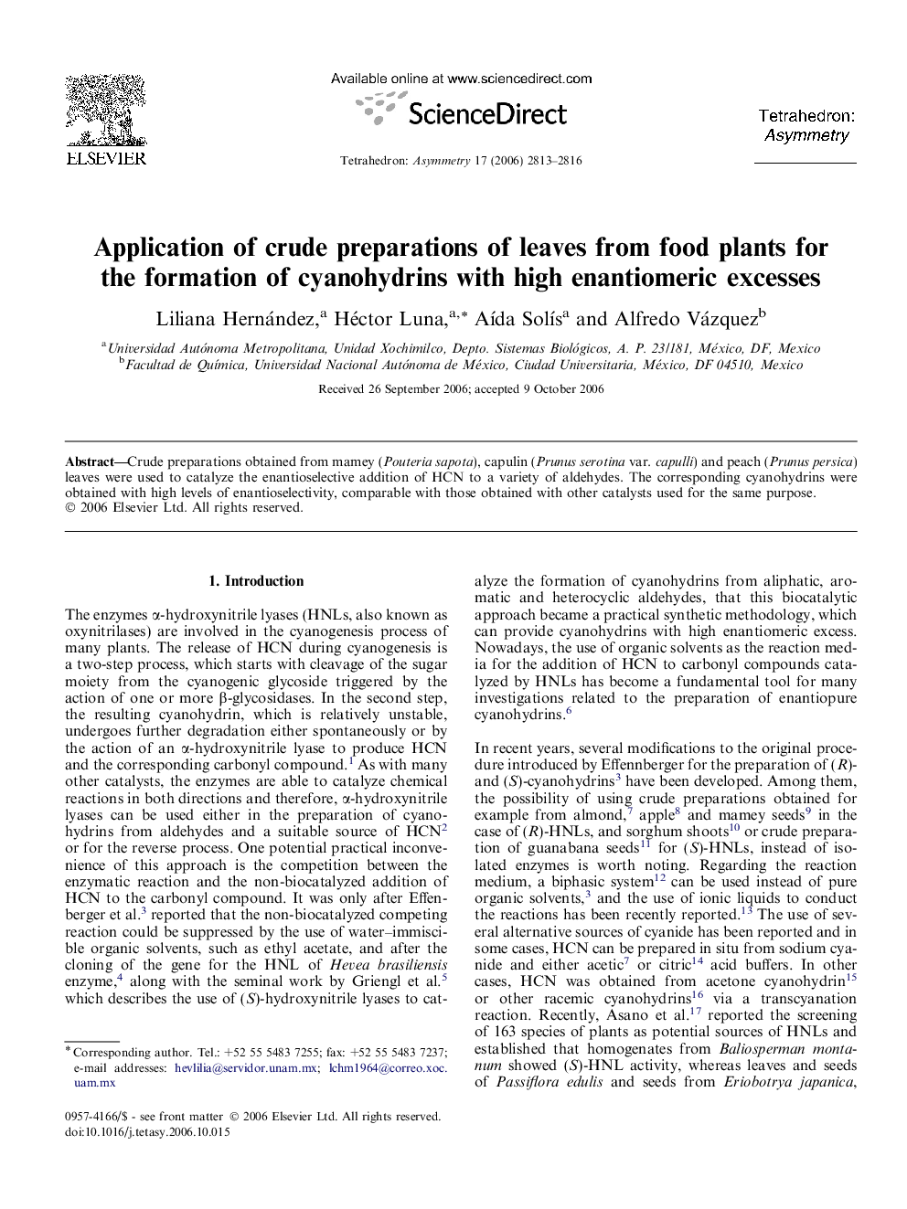 Application of crude preparations of leaves from food plants for the formation of cyanohydrins with high enantiomeric excesses