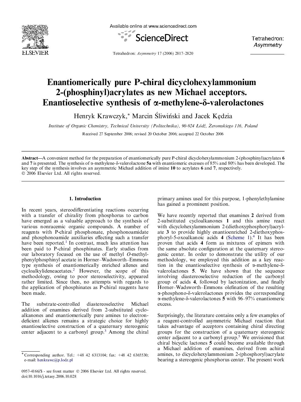 Enantiomerically pure P-chiral dicyclohexylammonium 2-(phosphinyl)acrylates as new Michael acceptors. Enantioselective synthesis of α-methylene-δ-valerolactones