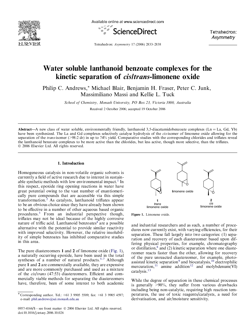 Water soluble lanthanoid benzoate complexes for the kinetic separation of cis/trans-limonene oxide