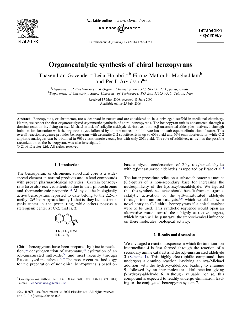 Organocatalytic synthesis of chiral benzopyrans
