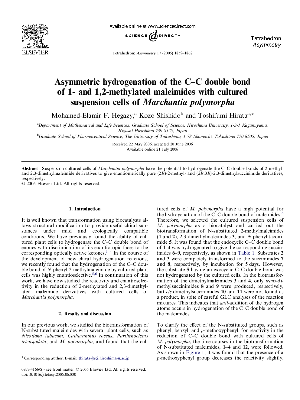 Asymmetric hydrogenation of the C–C double bond of 1- and 1,2-methylated maleimides with cultured suspension cells of Marchantia polymorpha