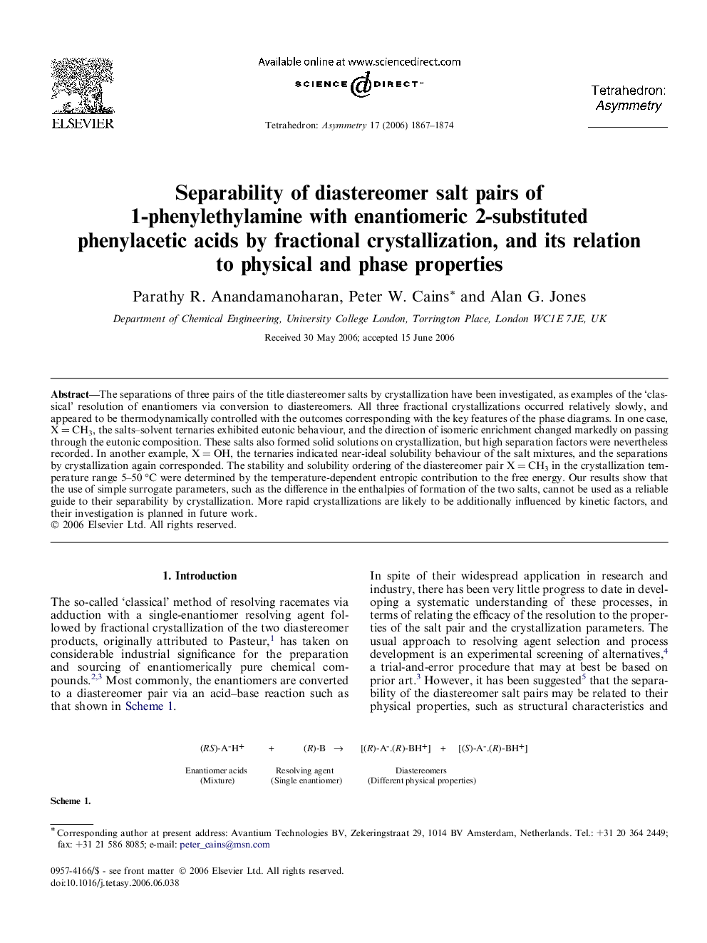 Separability of diastereomer salt pairs of 1-phenylethylamine with enantiomeric 2-substituted phenylacetic acids by fractional crystallization, and its relation to physical and phase properties