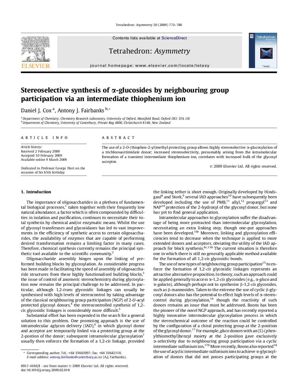 Stereoselective synthesis of α-glucosides by neighbouring group participation via an intermediate thiophenium ion
