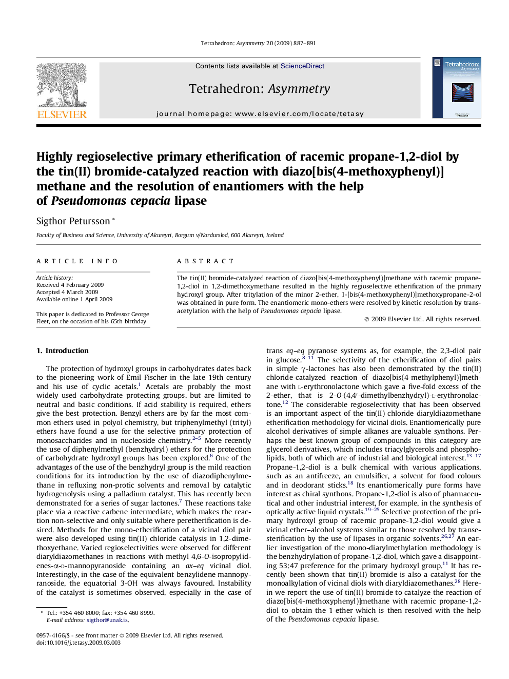 Highly regioselective primary etherification of racemic propane-1,2-diol by the tin(II) bromide-catalyzed reaction with diazo[bis(4-methoxyphenyl)]methane and the resolution of enantiomers with the help of Pseudomonas cepacia lipase