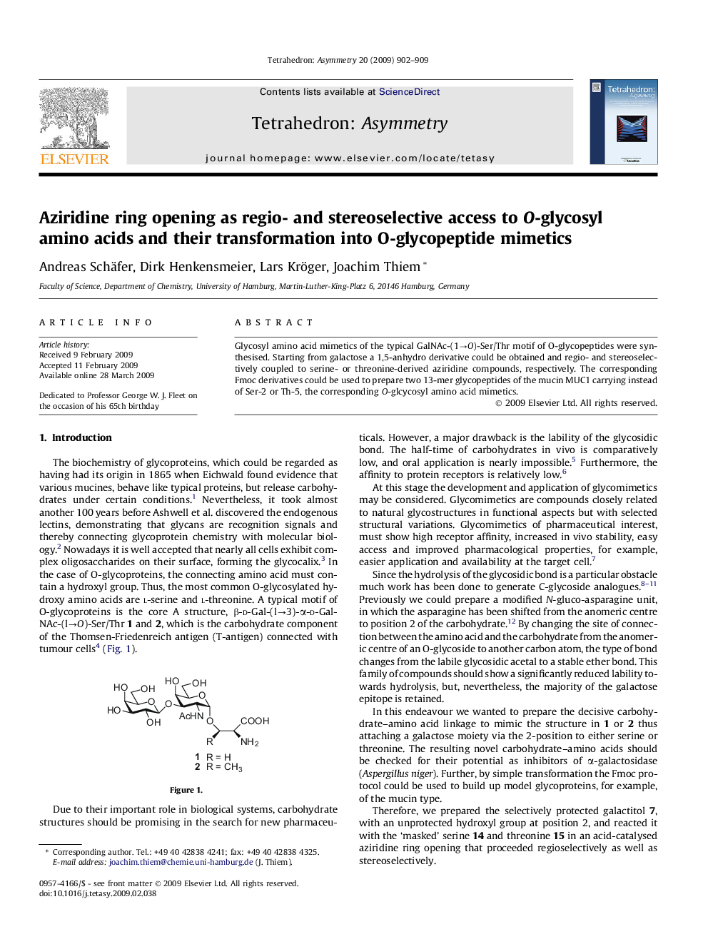 Aziridine ring opening as regio- and stereoselective access to O-glycosyl amino acids and their transformation into O-glycopeptide mimetics