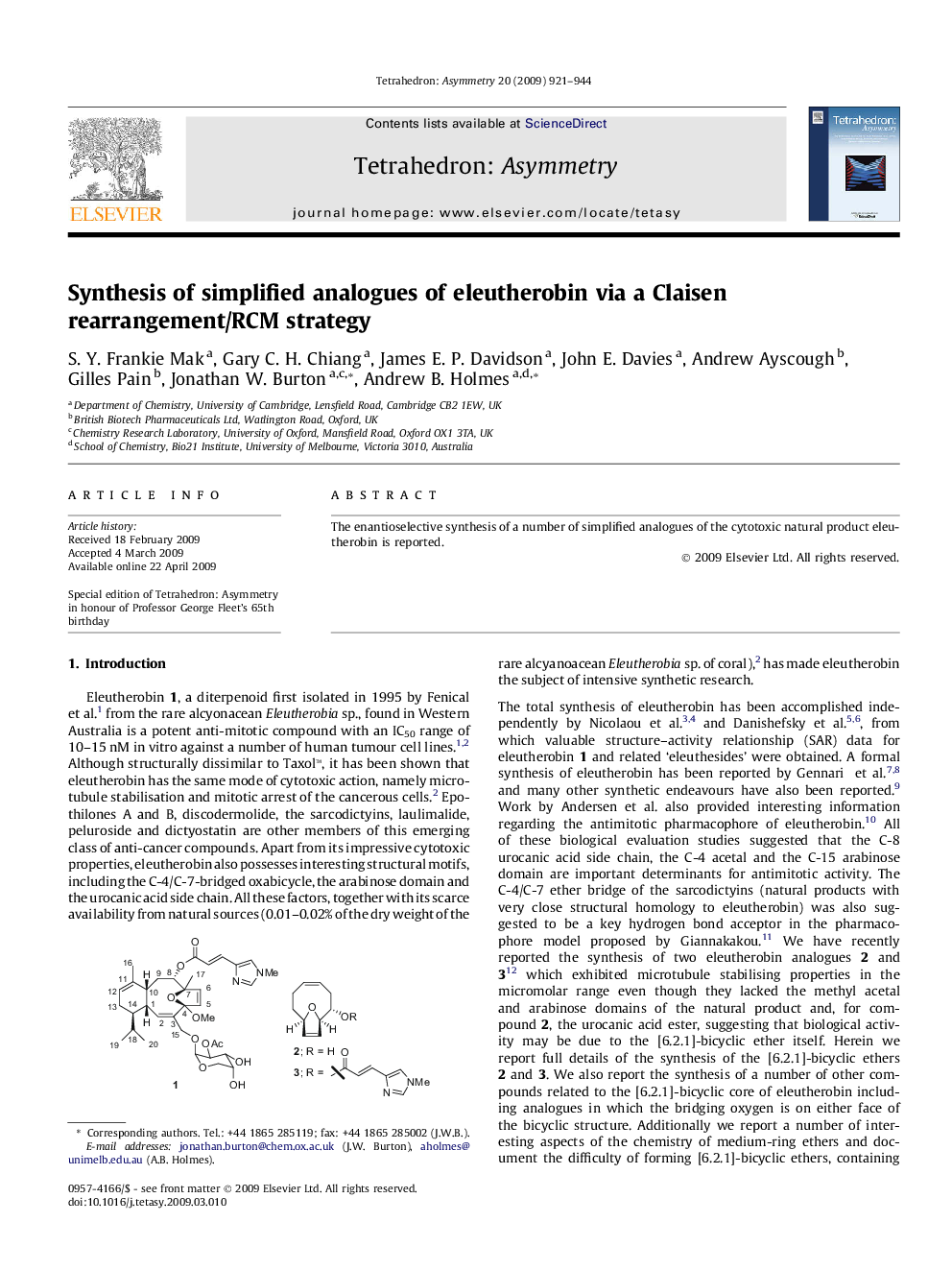 Synthesis of simplified analogues of eleutherobin via a Claisen rearrangement/RCM strategy