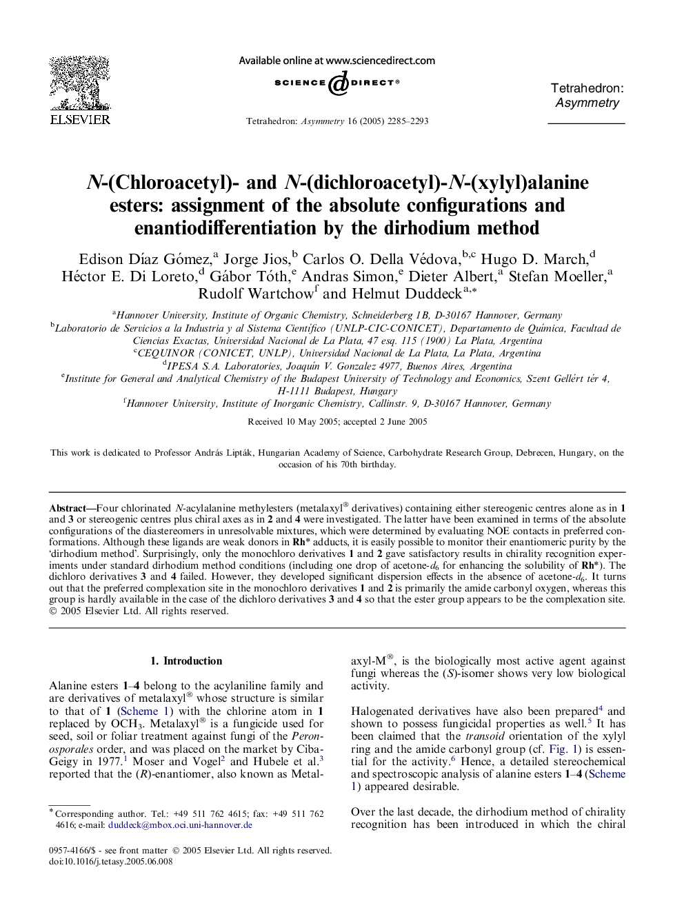 N-(Chloroacetyl)- and N-(dichloroacetyl)-N-(xylyl)alanine esters: assignment of the absolute configurations and enantiodifferentiation by the dirhodium method