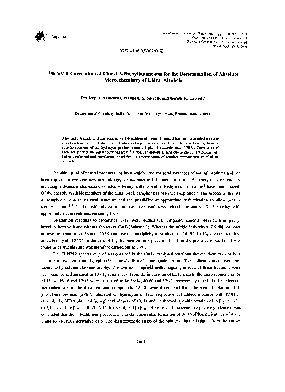 1H NMR correlation of chiral 3-phenylbutanoates for the determination of absolute stereochemistry of chiral alcohols