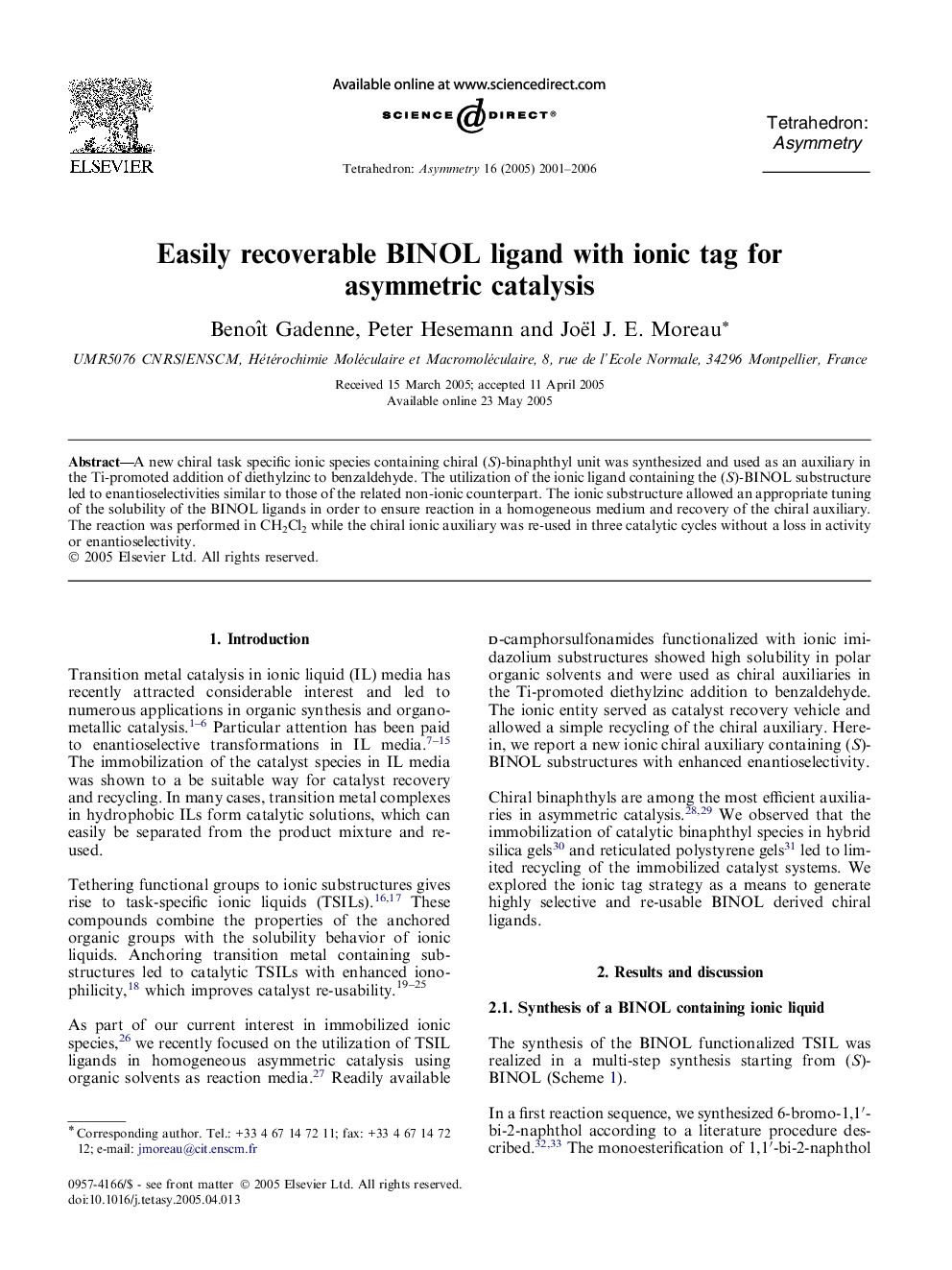 Easily recoverable BINOL ligand with ionic tag for asymmetric catalysis