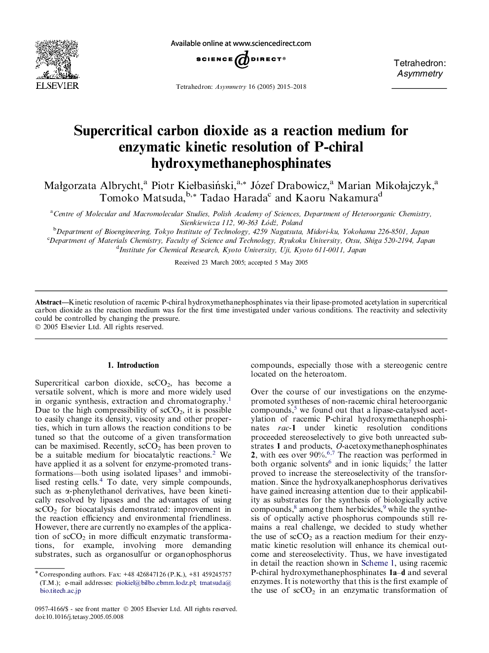 Supercritical carbon dioxide as a reaction medium for enzymatic kinetic resolution of P-chiral hydroxymethanephosphinates