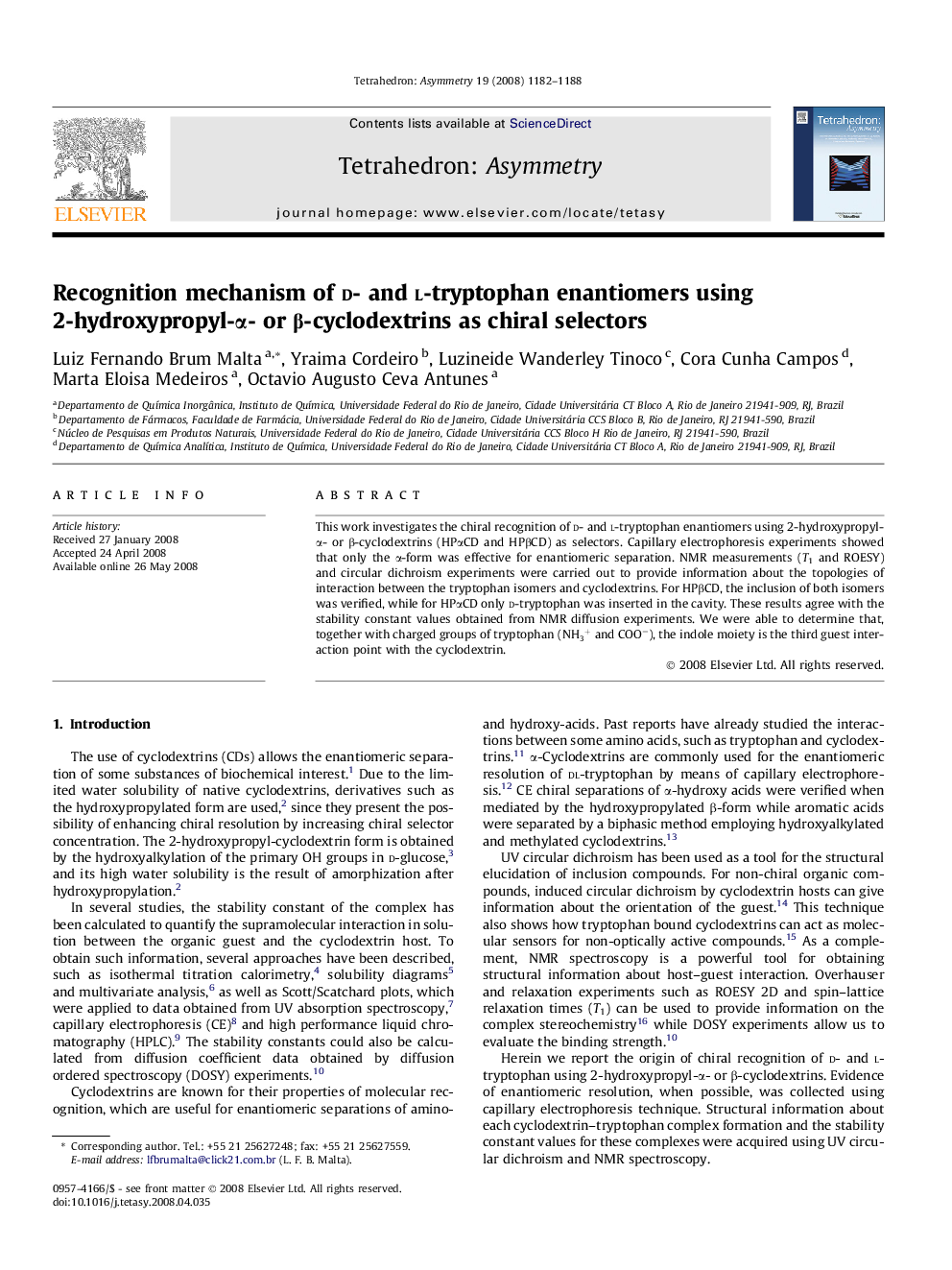 Recognition mechanism of d- and l-tryptophan enantiomers using 2-hydroxypropyl-α- or β-cyclodextrins as chiral selectors