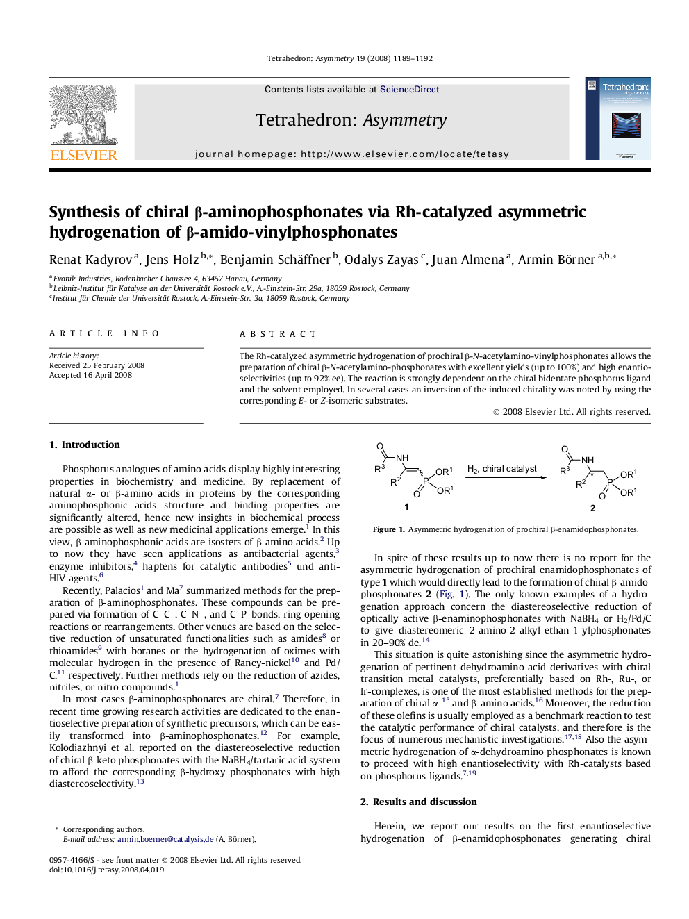 عکس صفحه اول مقاله: Synthesis of chiral β-aminophosphonates via Rh-catalyzed asymmetric hydrogenation of β-amido-vinylphosphonates Synthesis of chiral β-aminophosphonates via Rh-catalyzed asymmetric hydrogenation of β-amido-vinylphosphonates