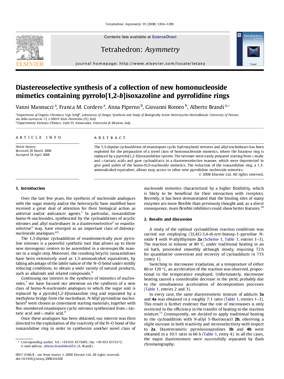 Diastereoselective synthesis of a collection of new homonucleoside mimetics containing pyrrolo[1,2-b]isoxazoline and pyrrolidine rings