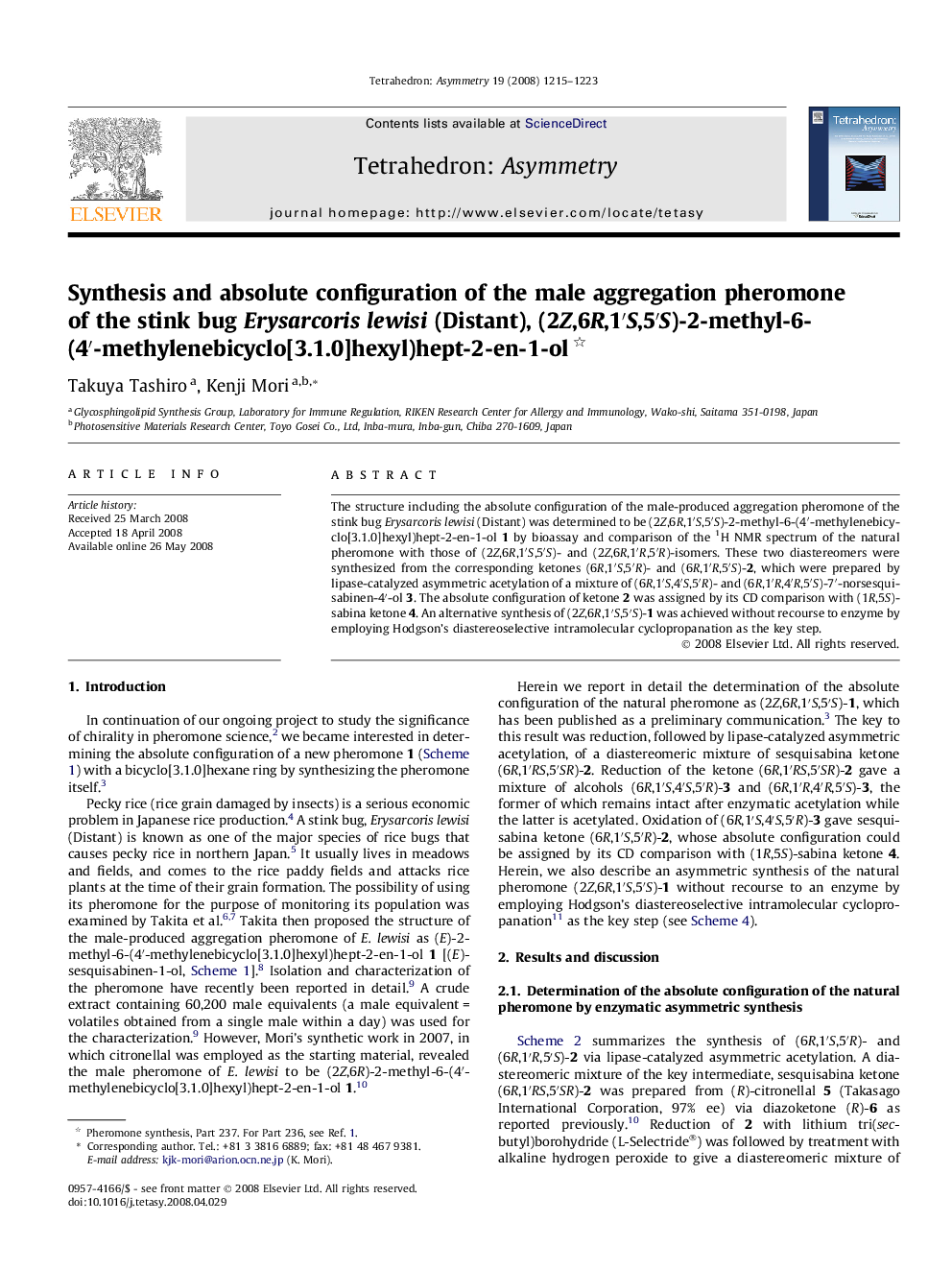 Synthesis and absolute configuration of the male aggregation pheromone of the stink bug Erysarcoris lewisi (Distant), (2Z,6R,1′S,5′S)-2-methyl-6-(4′-methylenebicyclo[3.1.0]hexyl)hept-2-en-1-ol 