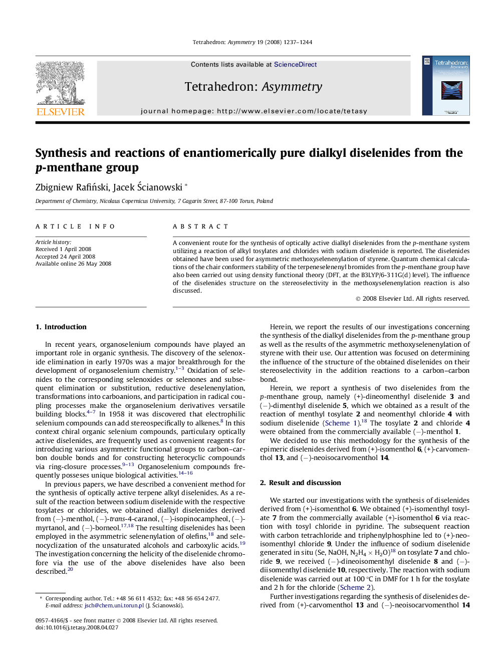 عکس صفحه اول مقاله: Synthesis and reactions of enantiomerically pure dialkyl diselenides from the p-menthane group Synthesis and reactions of enantiomerically pure dialkyl diselenides from the p-menthane group