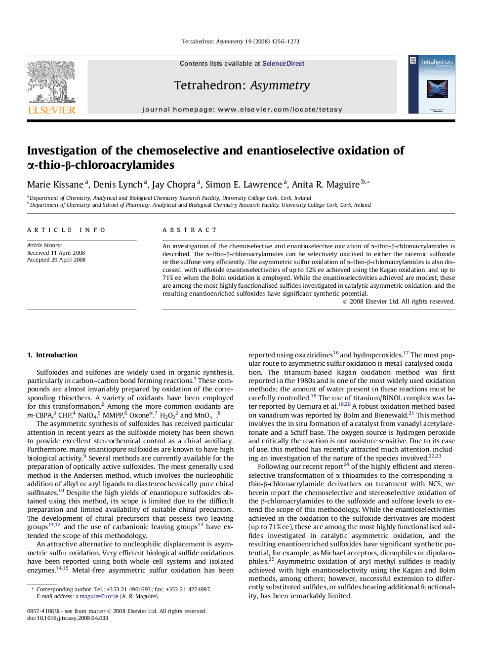 Investigation of the chemoselective and enantioselective oxidation of Î±-thio-Î²-chloroacrylamides