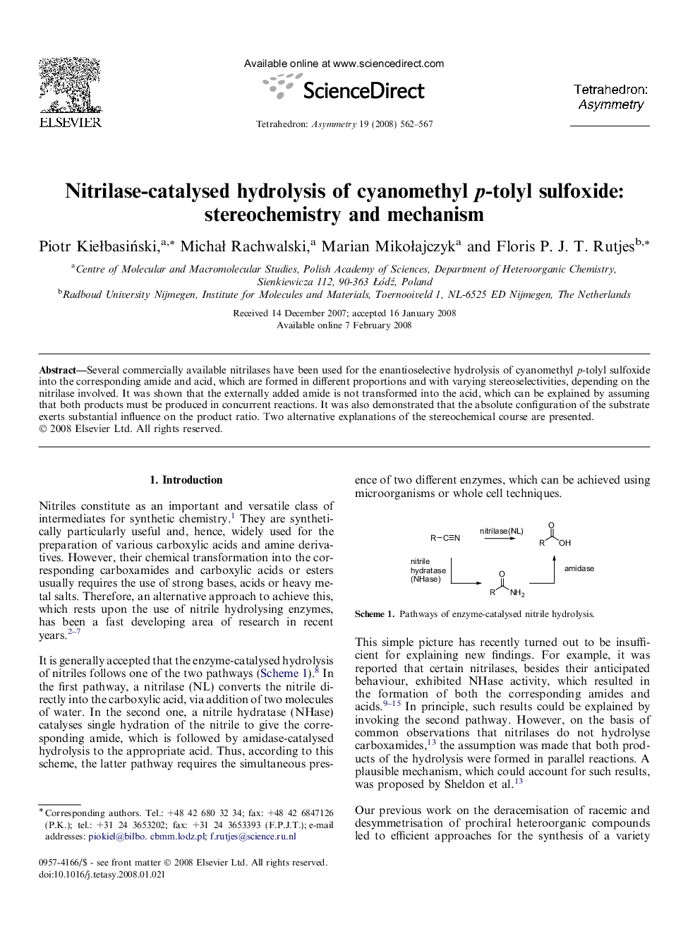 عکس صفحه اول مقاله: Nitrilase-catalysed hydrolysis of cyanomethyl p-tolyl sulfoxide: stereochemistry and mechanism Nitrilase-catalysed hydrolysis of cyanomethyl p-tolyl sulfoxide: stereochemistry and mechanism
