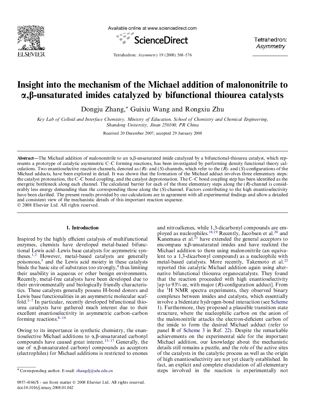 Insight into the mechanism of the Michael addition of malononitrile to α,β-unsaturated imides catalyzed by bifunctional thiourea catalysts