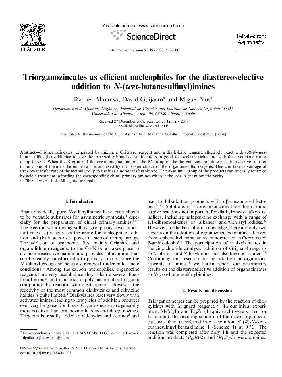 عکس صفحه اول مقاله: Triorganozincates as efficient nucleophiles for the diastereoselective addition to N-(tert-butanesulfinyl)imines Triorganozincates as efficient nucleophiles for the diastereoselective addition to N-(tert-butanesulfinyl)imines