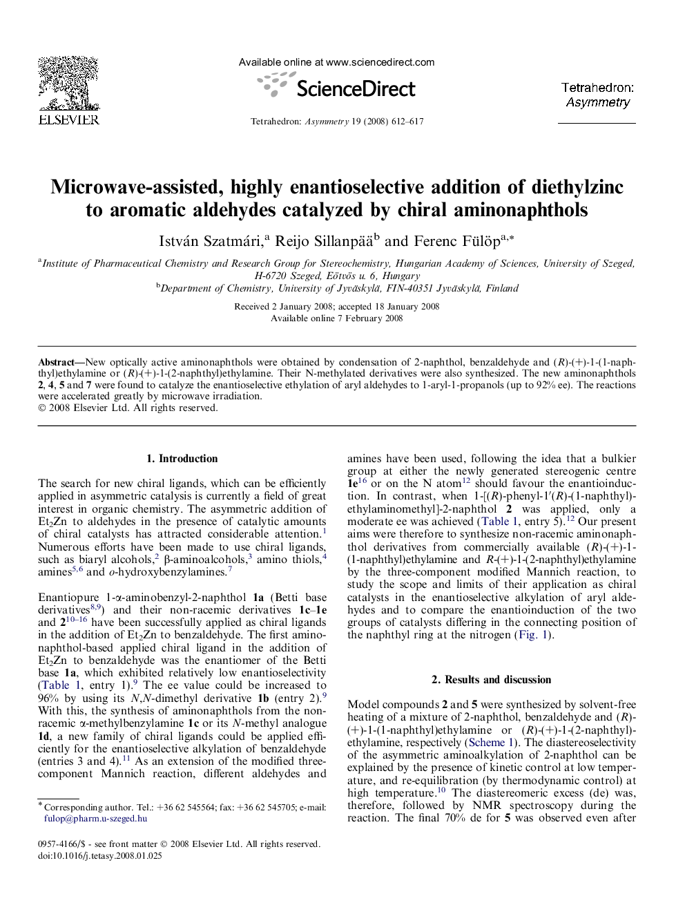 Microwave-assisted, highly enantioselective addition of diethylzinc to aromatic aldehydes catalyzed by chiral aminonaphthols
