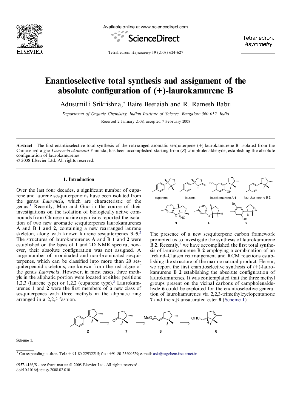 عکس صفحه اول مقاله: Enantioselective total synthesis and assignment of the absolute configuration of (+)-laurokamurene B Enantioselective total synthesis and assignment of the absolute configuration of (+)-laurokamurene B
