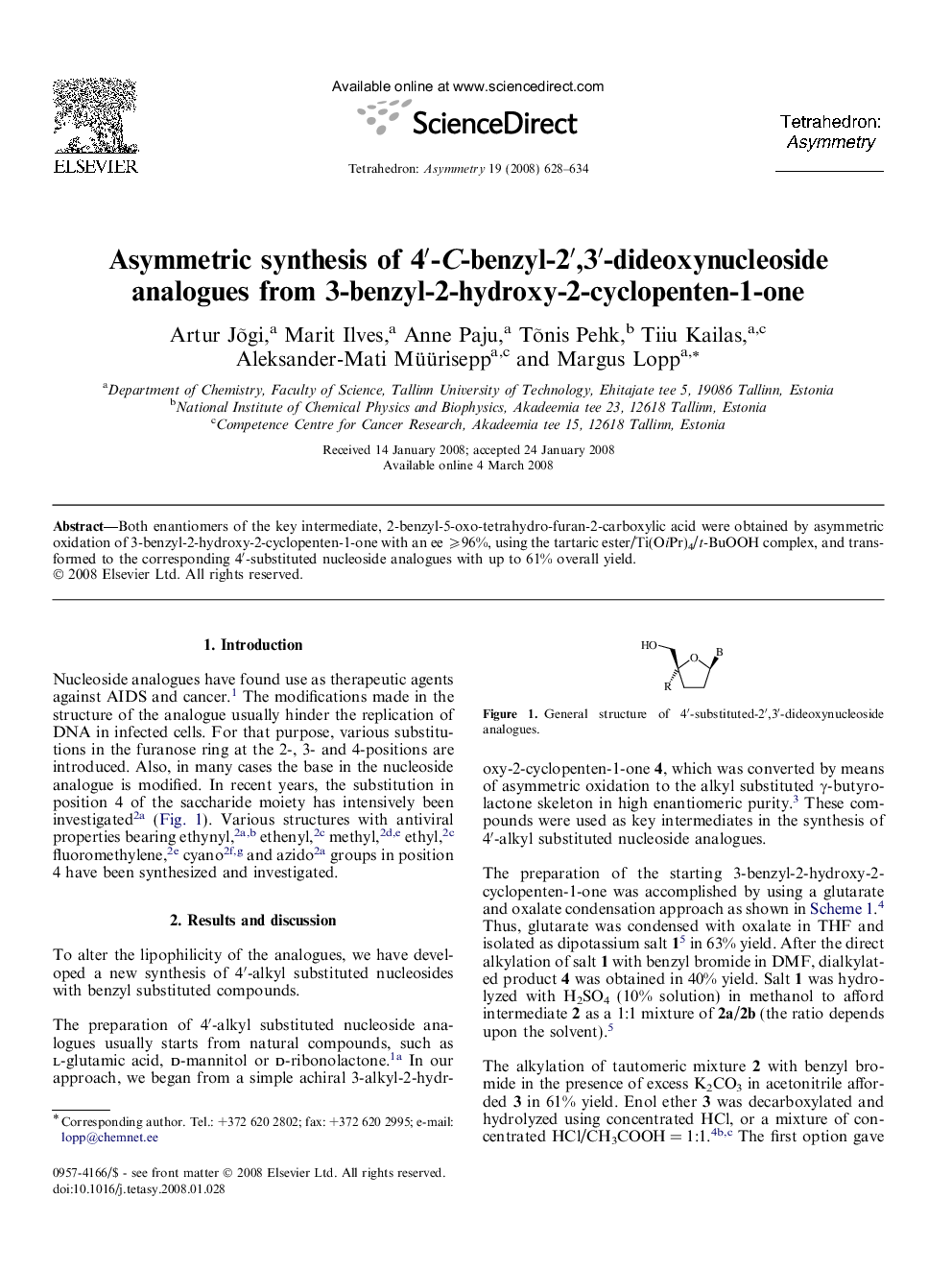 Asymmetric synthesis of 4′-C-benzyl-2′,3′-dideoxynucleoside analogues from 3-benzyl-2-hydroxy-2-cyclopenten-1-one